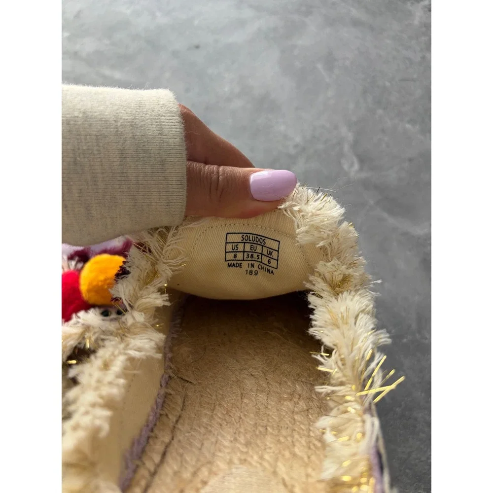 Soludos Womens Pom Pom Tassel Espadrille Mules Lilac Purple Canvas Flats Size 8 - Picture 2 of 5